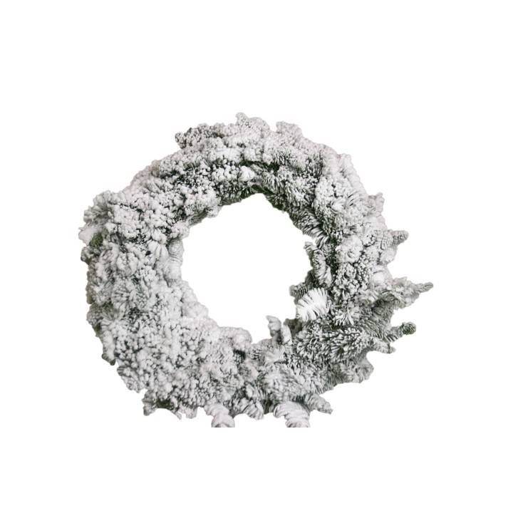 A fluffy white wreath adorned with frosted pine-like foliage, evoking a wintery feel.
