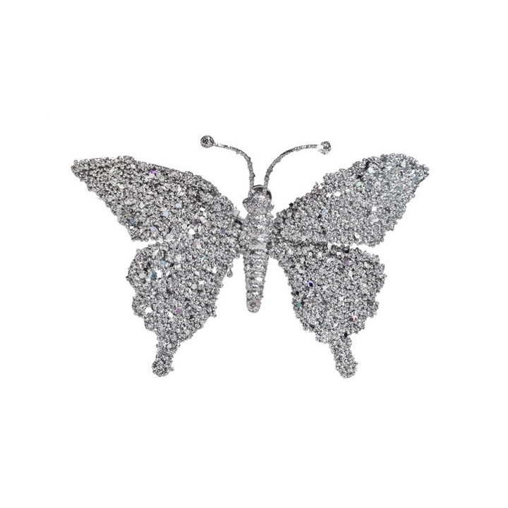 A shimmering silver butterfly embellished with sparkling crystals.