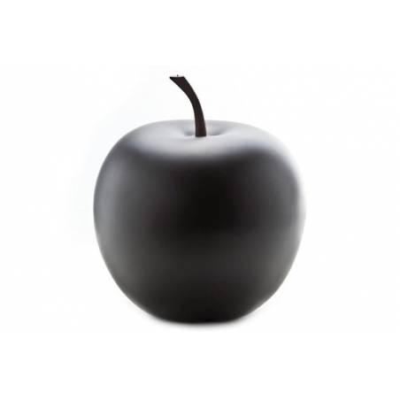 A smooth, matte black apple with a slender brown stem.