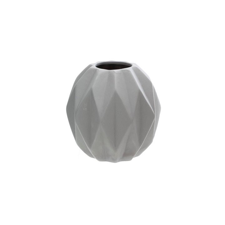 A textured, geometric vase in soft gray with angular facets and a rounded shape.