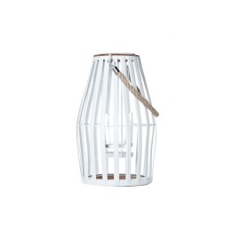Een witte lantaarn van gaas met een houten hengsel en open ontwerp voor sfeervolle verlichting.
