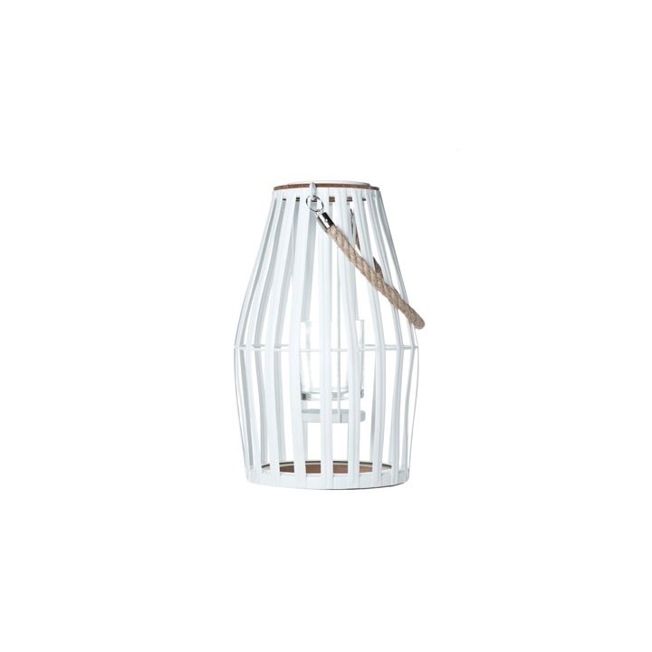 A white, wire lantern with a wooden top and a woven handle, offering a modern, airy design.