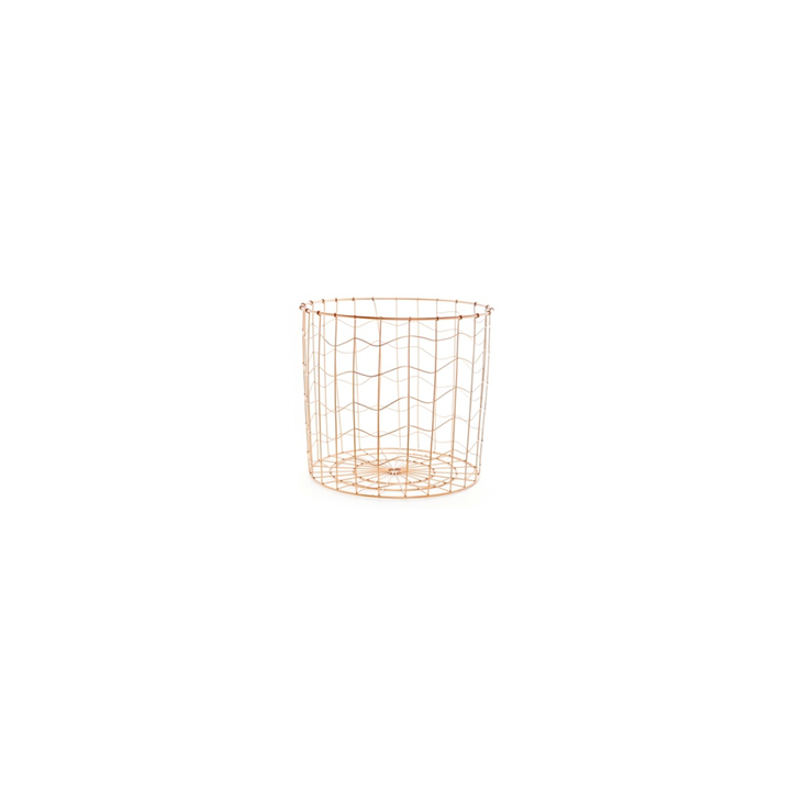 A slender, rose gold wire basket with a wavy design and open structure.