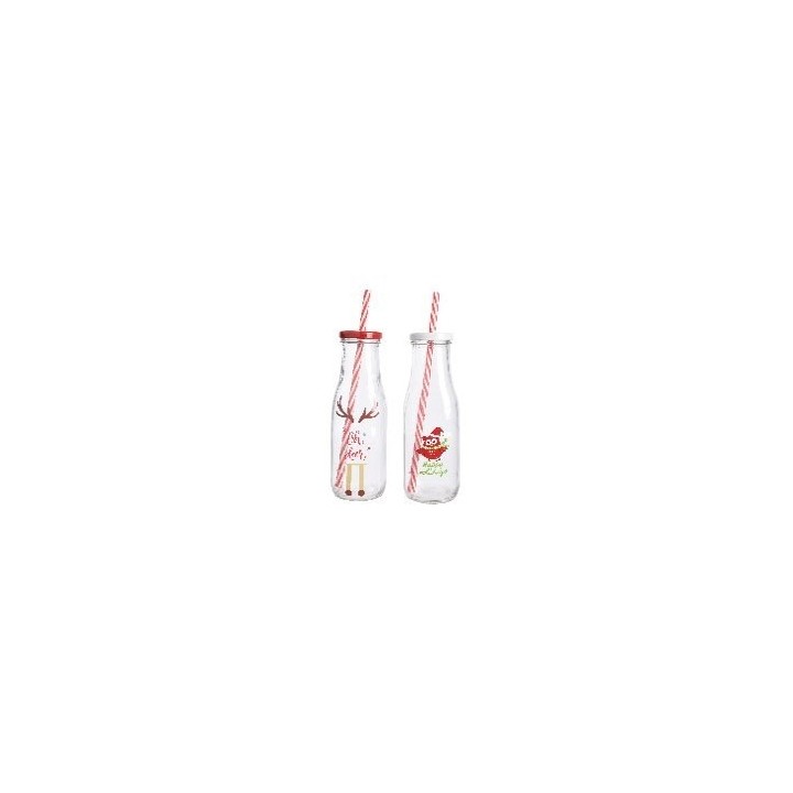 Two festive glass bottles with holiday designs, each topped with a striped straw.