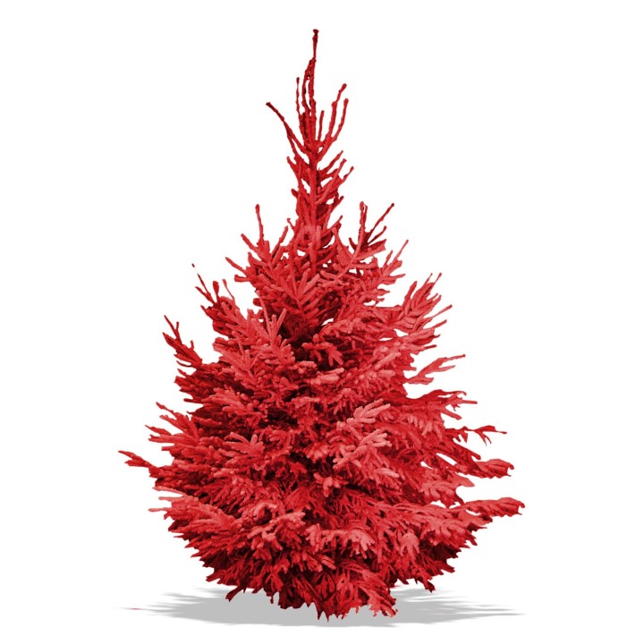 A vibrant red artificial Christmas tree with a bushy, textured appearance.