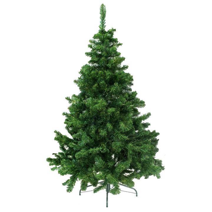 Un sapin de Noël artificiel, vert, touffu, sur un support métallique.