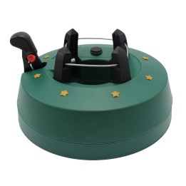 A green, circular Christmas tree stand with black clamps and gold star decorations.