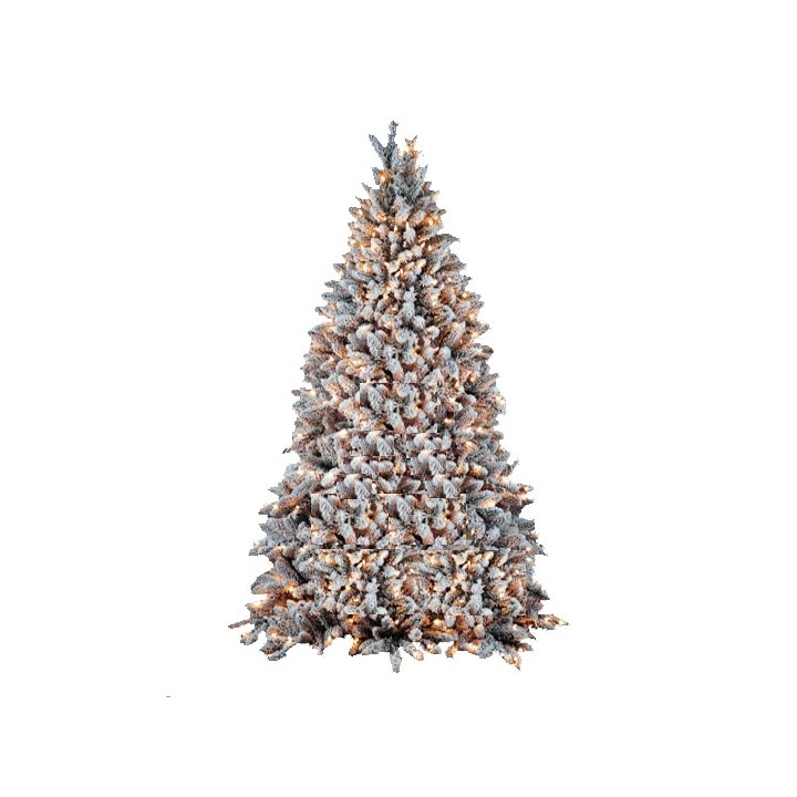 A snowy, frosted Christmas tree with lush green branches and warm light accents.