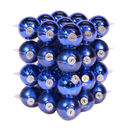 Sphère brillantes en bleu, empilées en forme de cube, reflet métallique et surface lisse.