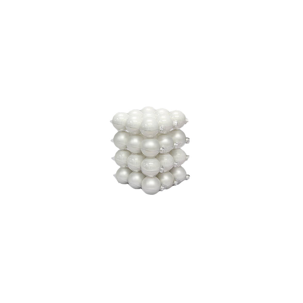 Stacked glossy white spheres forming a cube-like structure with a smooth, reflective surface.