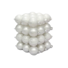 Stacked glossy white spheres forming a cube-like structure with a smooth, reflective surface.