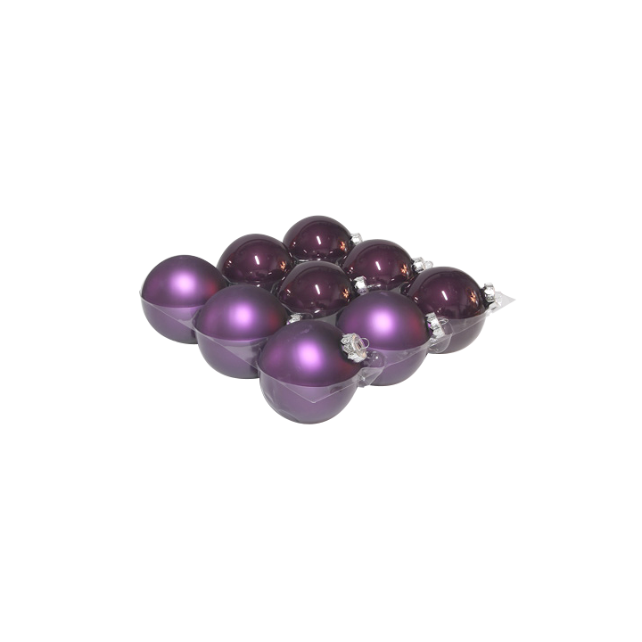 Boules décoratives violettes brillantes, rondes et lisses, regroupées harmonieusement.