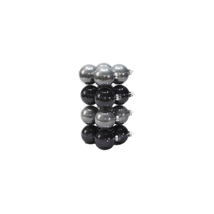 Colonnes de sphères brillantes argentées et noires, agencées en une structure verticale.