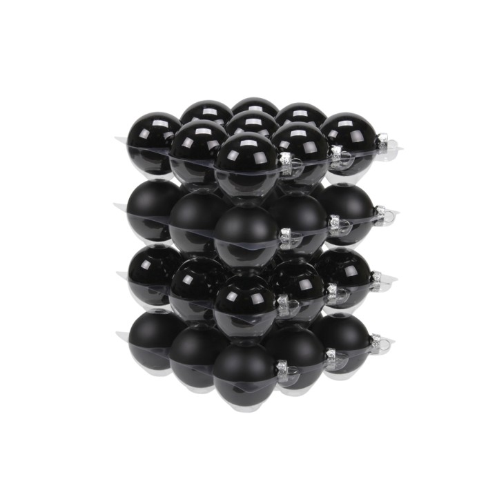 A structured arrangement of glossy black spheres stacked in layers, reflecting light.