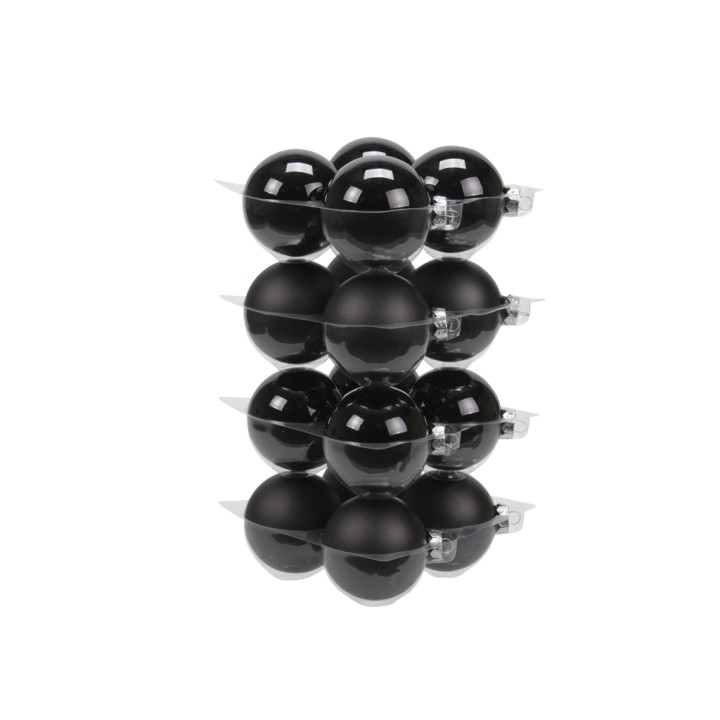 Douze sphères noires brillantes empilées, maintenues par des supports transparents.