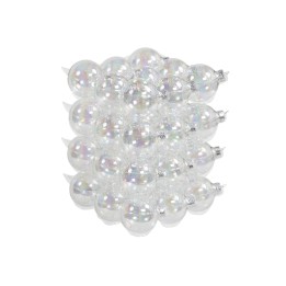 A cluster of shiny, iridescent glass ornaments arranged in a neat grid.