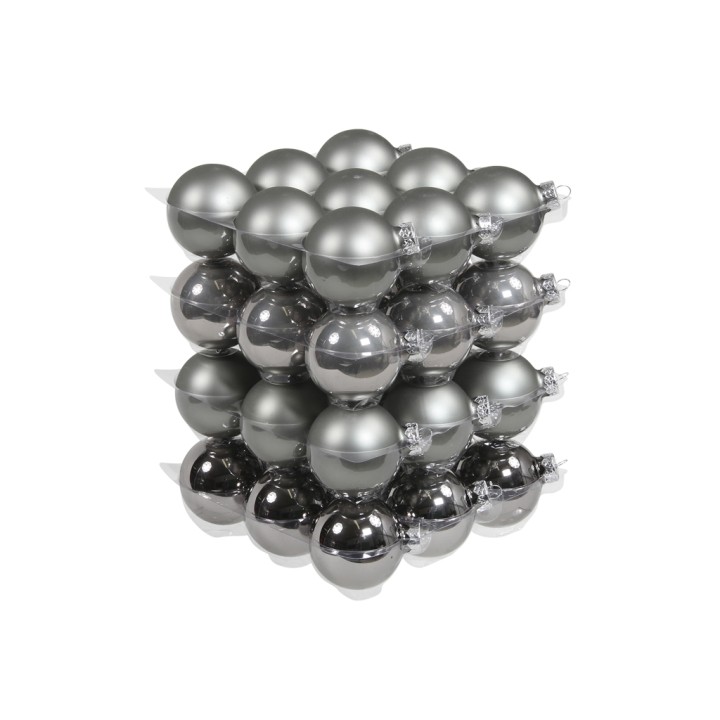 A stack of shiny silver and gray decorative balls with a smooth, reflective surface.