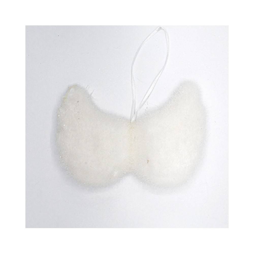 A soft, white, butterfly-shaped decoration with a hanging loop.