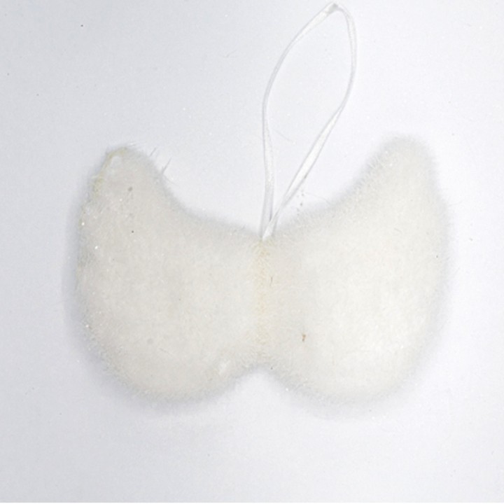 A soft, white, butterfly-shaped decoration with a hanging loop.