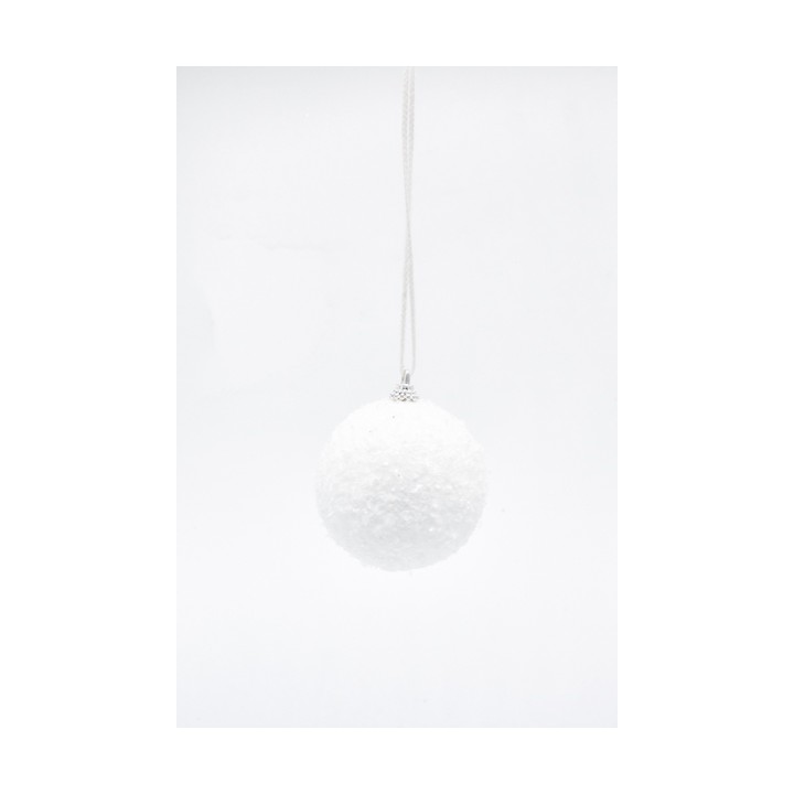 A fluffy white ornament, round and hanging by a thin silver string against a light background.