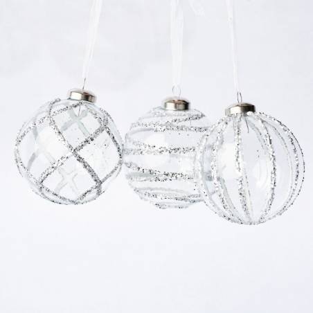 boule en verre transparente avec lignes 3D argentées en paillettes boule en verre transparente avec lignes 3D argentées en paillettes