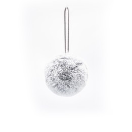A fluffy gray pom-pom with a hanging loop against a plain white background.