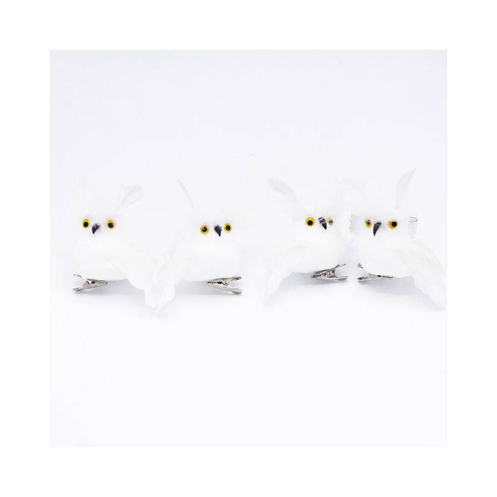 Lot de 4 hiboux fourrure blanche sur clip Lot de 4 hiboux fourrure blanche sur clip