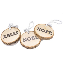 Three wooden tags with rope, engraved with the words "XMAS," "NOEL," and "HOPE."