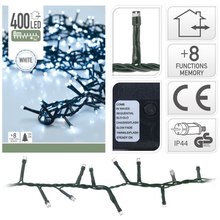 A bundle of white LED string lights on a dark green wire, featuring various lighting functions.