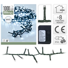 A box of 1000 white LED string lights with a dark green wire, showcasing various lighting functions.