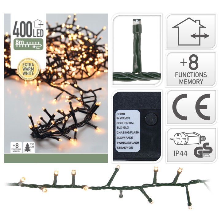 A string of 400 LED lights on a dark green wire, glowing with a warm white hue.