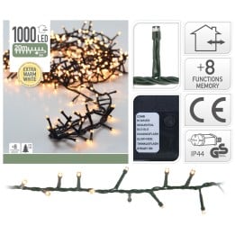 A string of warm white LED lights on a dark green wire, with multiple functions for lighting.