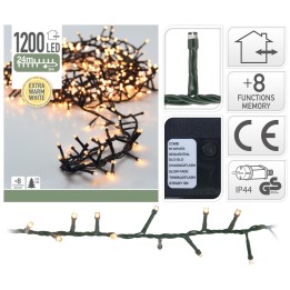 A string of warm white LED lights on a dark green wire, with a box showing features.