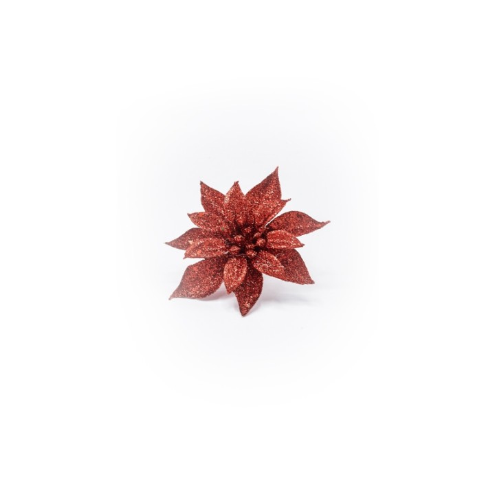 Fleur rouge scintillante aux pétales étoilés, sur fond blanc épuré.