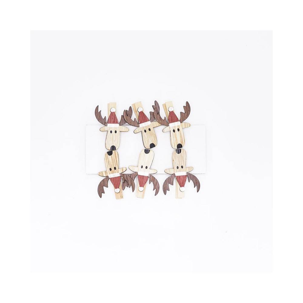 Lot de 6 têtes d'élan en bois sur clip Lot de 6 têtes d'élan en bois sur clip