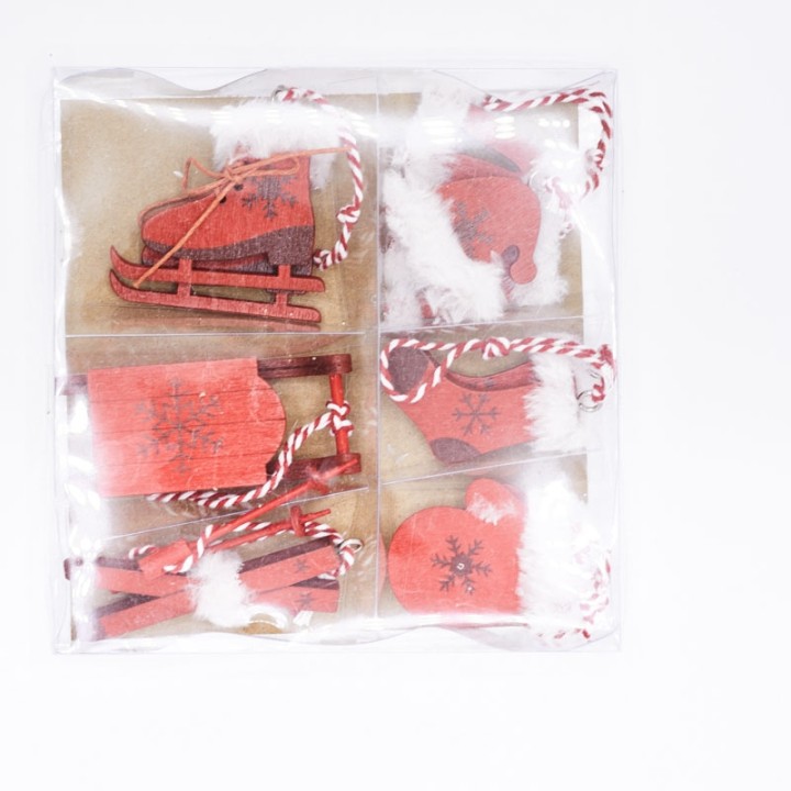 Six festive wooden ornaments in red and white, featuring holiday-themed shapes and textures.