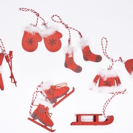 Red wooden Christmas ornaments shaped like winter gear, with white fluff and twine accents.
