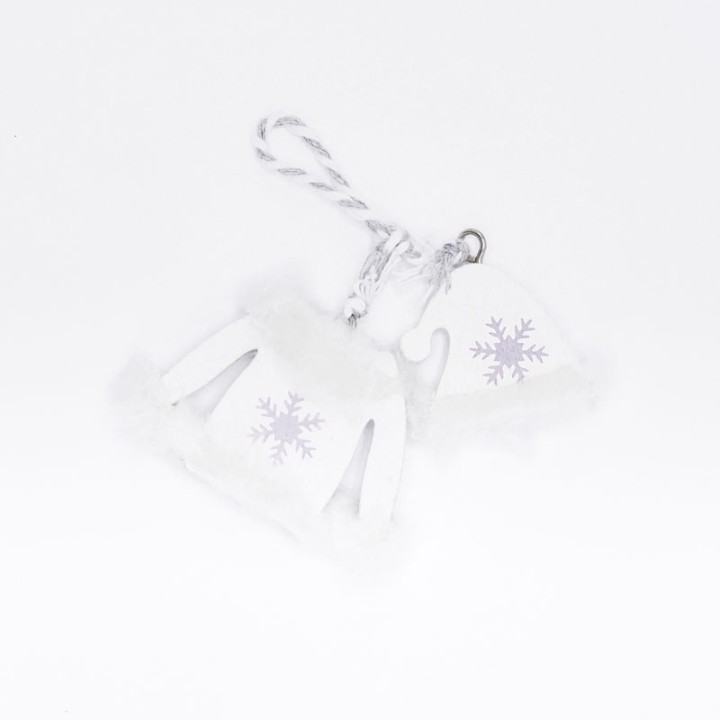Two white winter-themed ornaments shaped like mittens and hats, adorned with soft faux fur and sn...