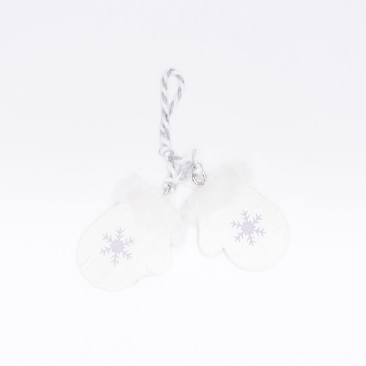 Clear plastic mittens with a snowflake, hanging from a twisted string.