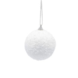 A textured, white Christmas ornament hangs against a bright background, radiating simplicity.
