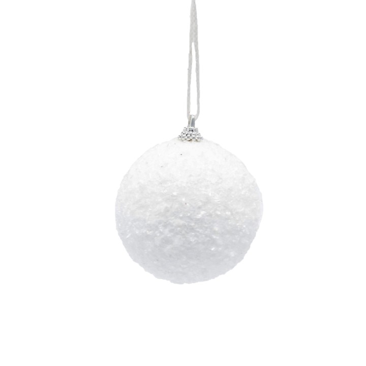 A textured, white Christmas ornament hangs against a bright background, radiating simplicity.