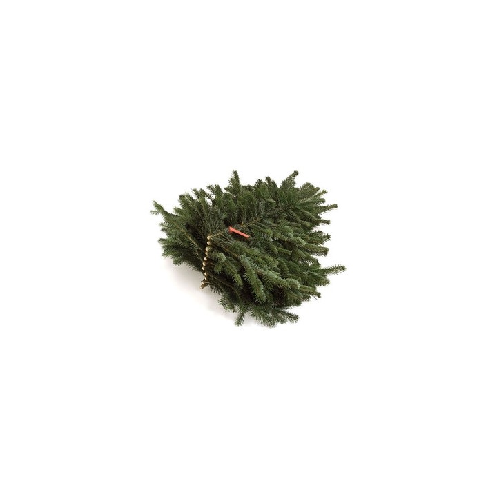 Rameau de sapin vert, forme arrondie, décoré de perles dorées et d'un ruban rouge.