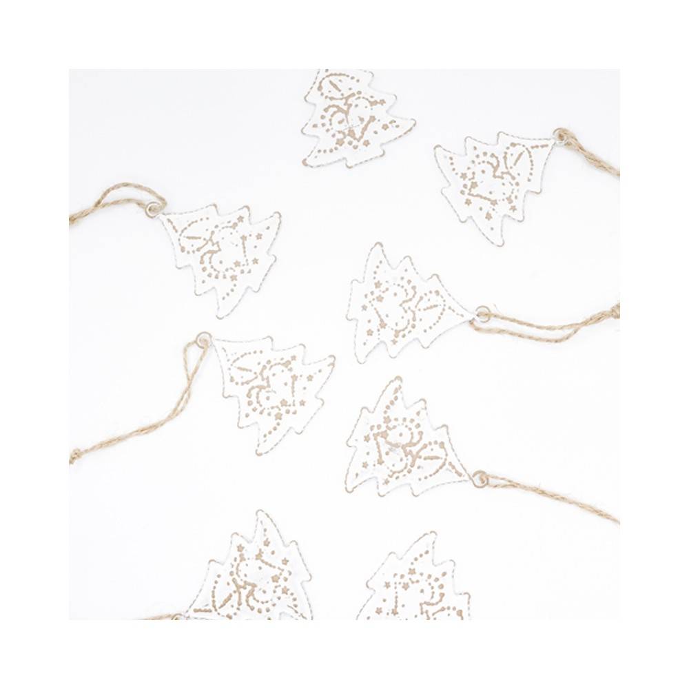 Delicate white paper Christmas trees adorned with golden outlines, strung on twine.