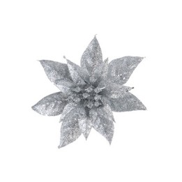Fleur argentée scintillante aux pétales étoilés et brillants, évoquant la magie des fêtes.