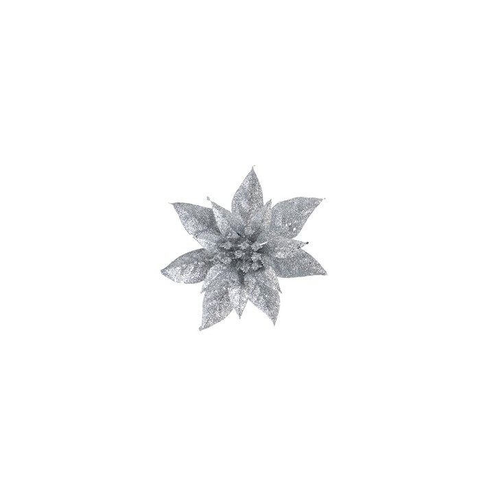 A shimmering silver flower with glittery petals radiating elegance and sparkle.