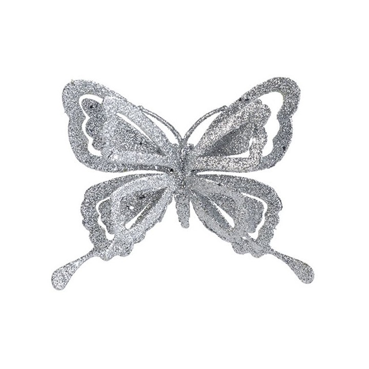 A shimmering silver butterfly with intricate, glittery wings.
