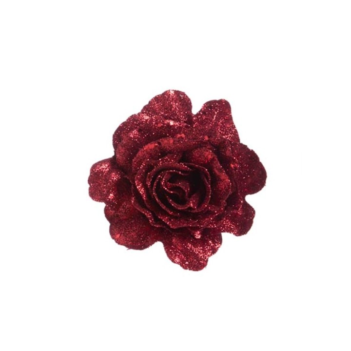 A sparkling red rose made of glitter, showcasing layered petals with a vibrant shine.