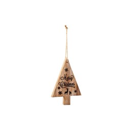 A wooden Christmas tree ornament with "Merry Christmas" and snowflake designs.