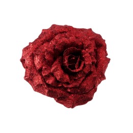Fleur rouge scintillante, aux pétales texturés et brillants, évoquant une rose stylisée.
