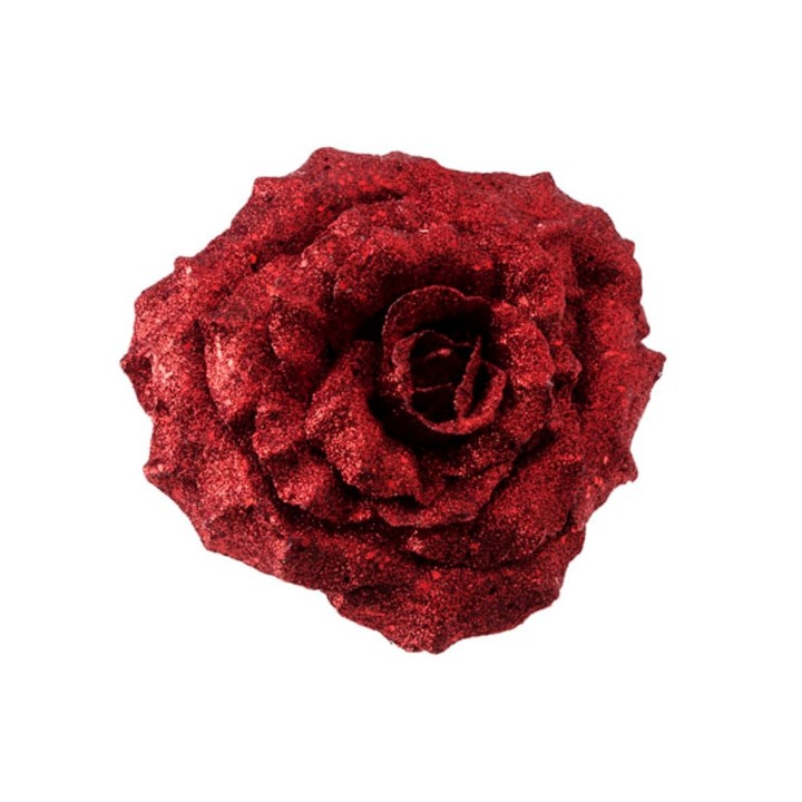 A vibrant red rose covered in shimmering glitter, showcasing its intricate petal details.